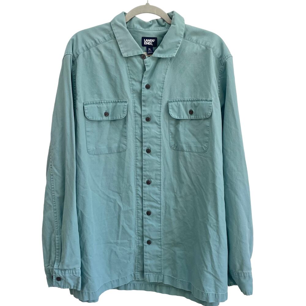 Land’s End 100% Cotton Long Sleeve Sports Fishing Button Up Shirt Teal Men's XL